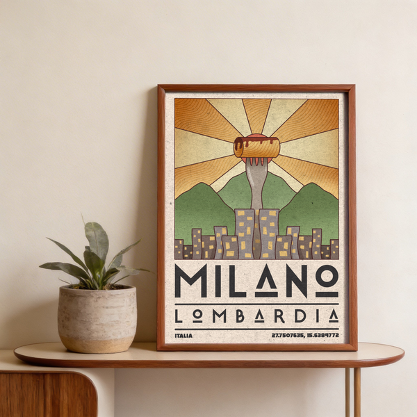 Milano Art Print travel illustration with hills and radiating beam pattern