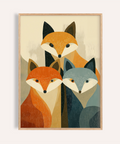Front view Wildlife Fox Art Print poster showing three stylized fox faces in a clustered composition