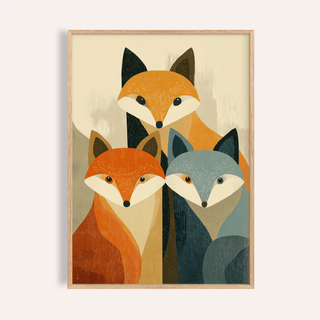Framed Wildlife Fox Art Print of three foxes in orange, blue and brown tones against a cream background