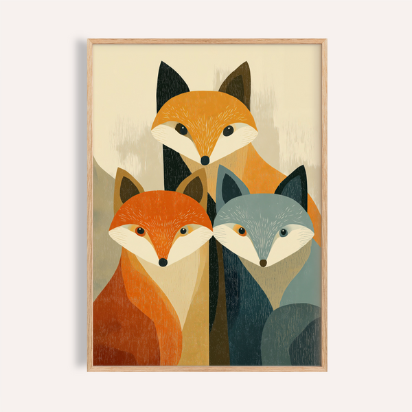 Front view Wildlife Fox Art Print poster showing three stylized fox faces in a clustered composition
