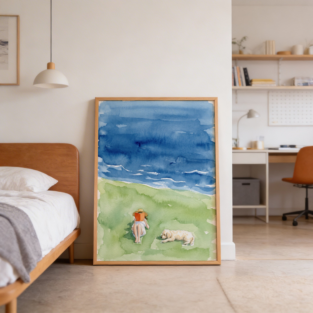 Landscape poster featuring Reading by the Sea Art Print with broad wash textures, surf marks, and a quiet foreground figure