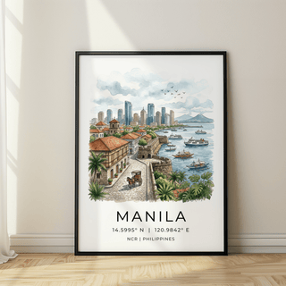 Urban coastal illustration print with promenade curve, plants, and seawall