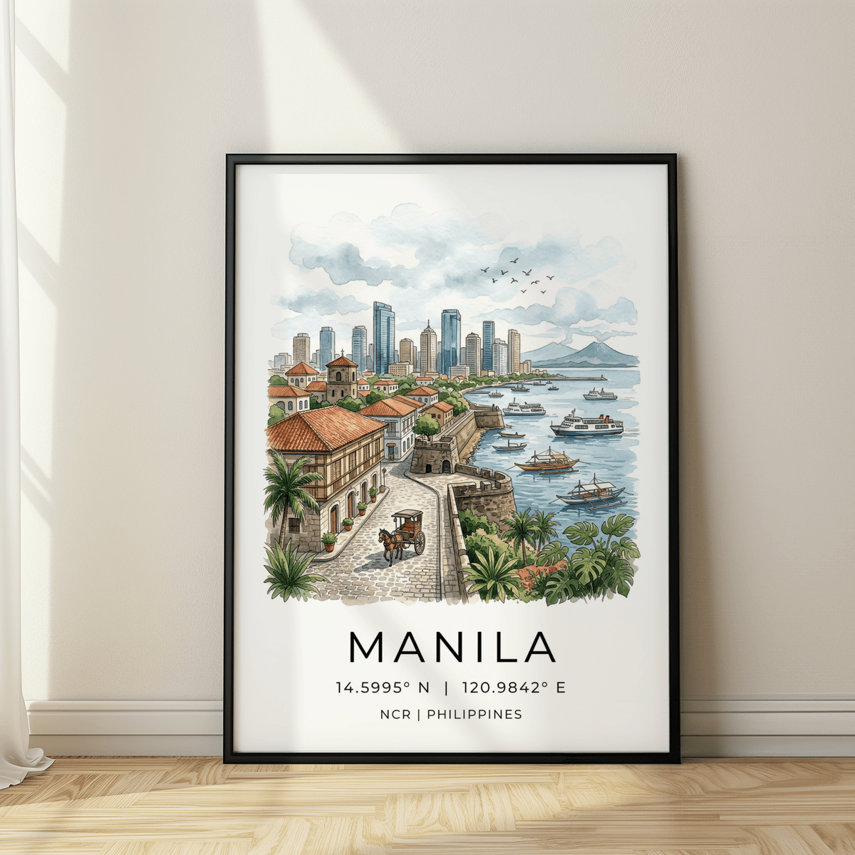 Urban coastal illustration print with promenade curve, plants, and seawall