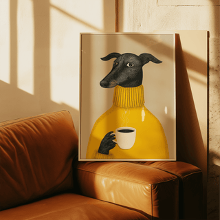 Illustrative Dog Wall Art, playful yellow and black dog for kitchen decor print