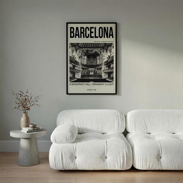 Modernist Architecture Art Print showing ornate hall interior, arched windows, and organ above the stage