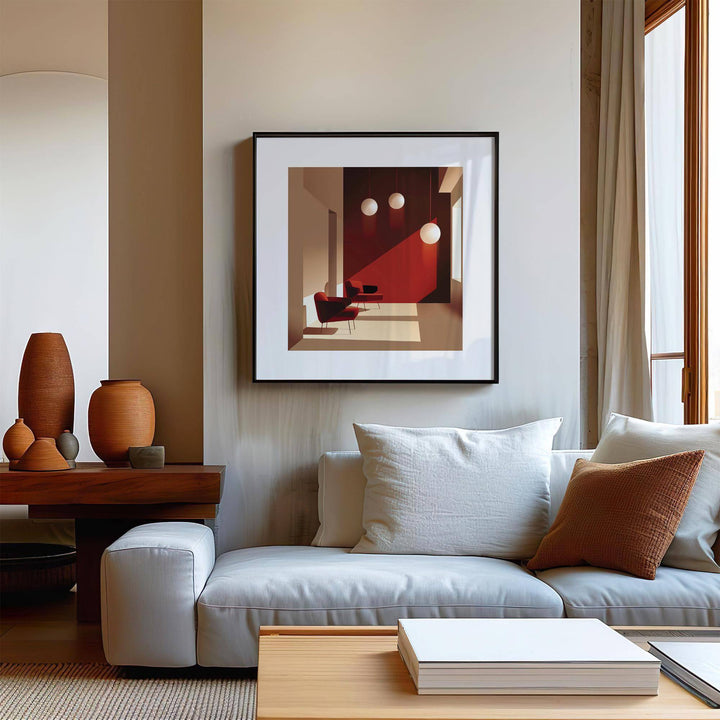 Art for Office Walls print in a living room with a white sofa and terracotta vases
