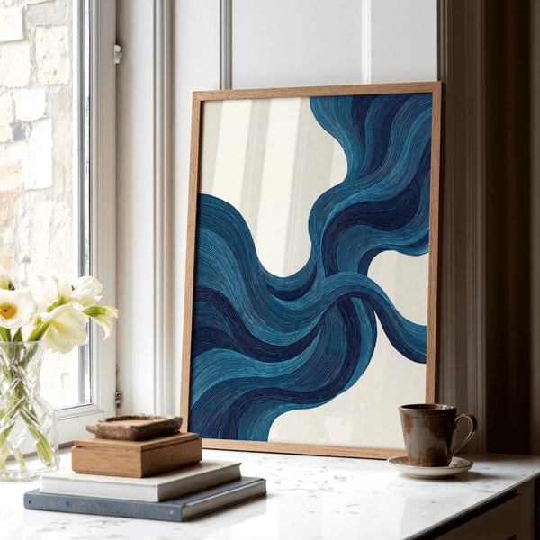 Abstract Blue Line Wall Art in blue and beige for bedroom decor