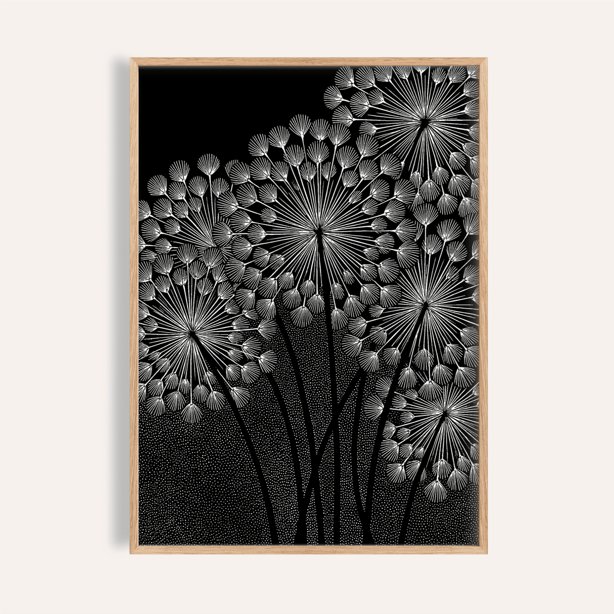 Dandelions Wall Art in black and white for living room wall art