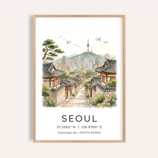 Illustrated Seoul Landscape Art Print poster with hanok rooftops and skyline