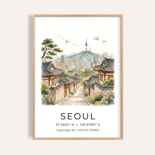 Illustrated Seoul Landscape Art Print poster with hanok rooftops and skyline