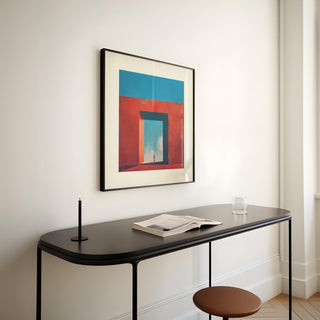 Futuristic art print with a symbolic passageway and sky reflection