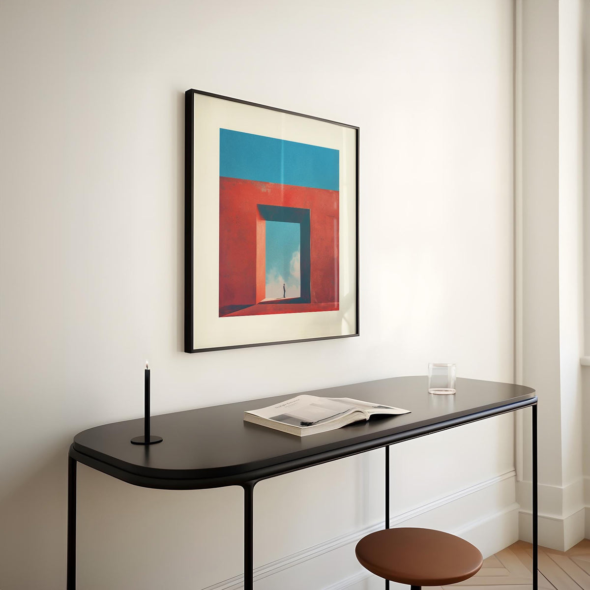 Futuristic art print with a symbolic passageway and sky reflection