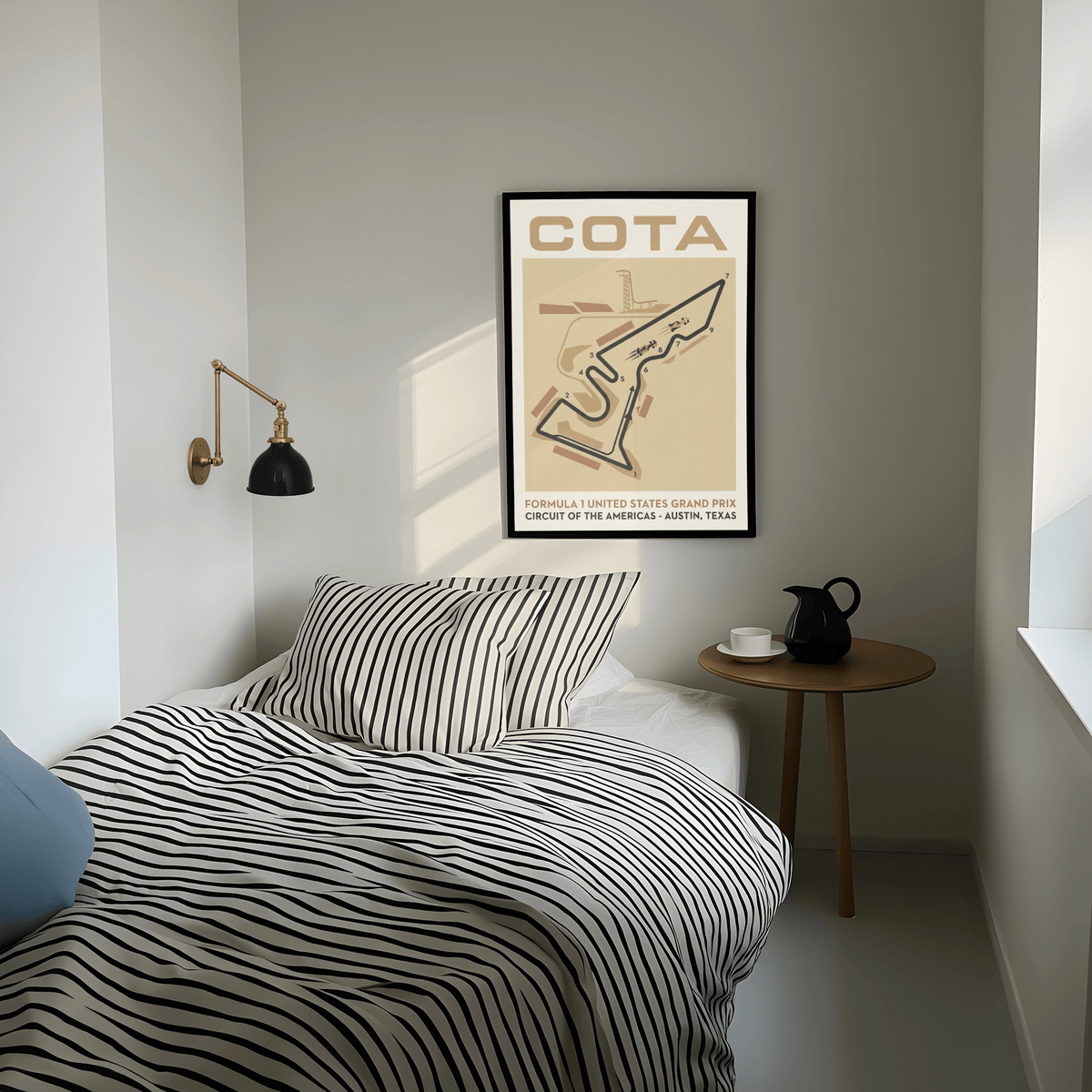 Featuring a COTA track map print poster with numbered corners and small race car icons