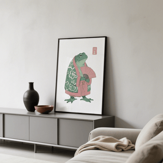 Minimalist animal poster of a frog character with stamp-like mark in corner
