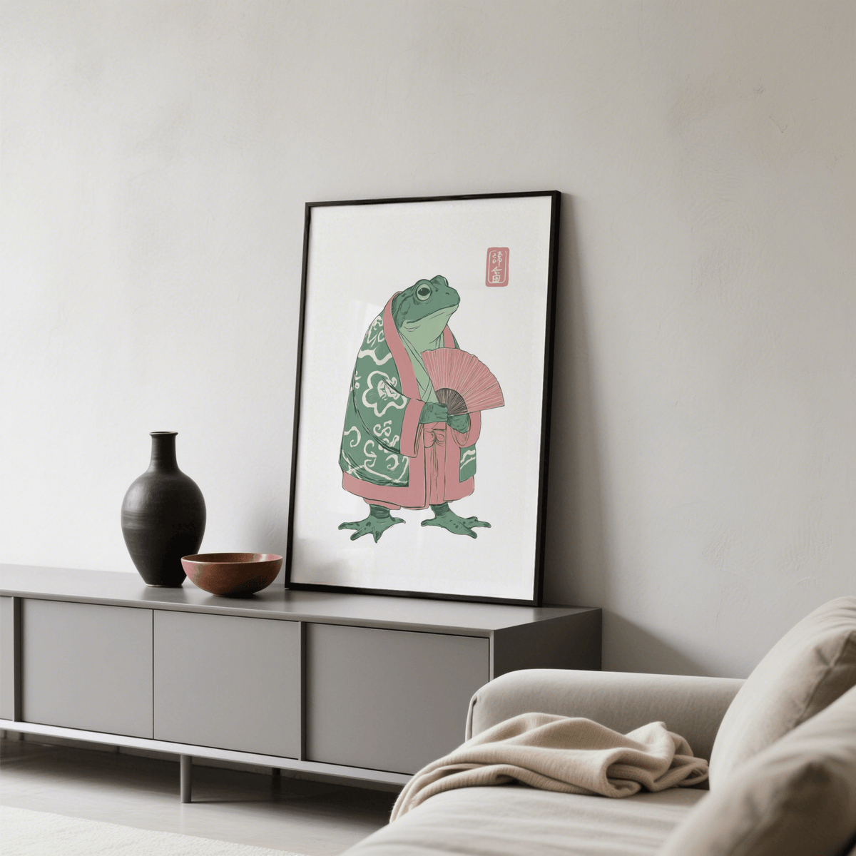 Minimalist animal poster of a frog character with stamp-like mark in corner