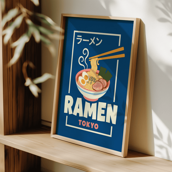Bold Ramen Poster in blue, white, pink for kitchen poster display