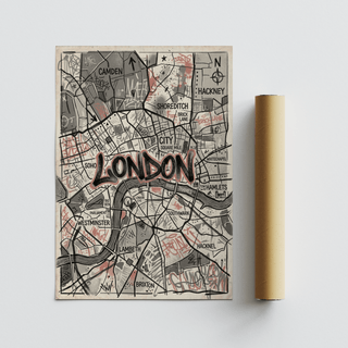 City-map wall art showing Westminster, Southwark, and the Thames with hand-drawn routes
