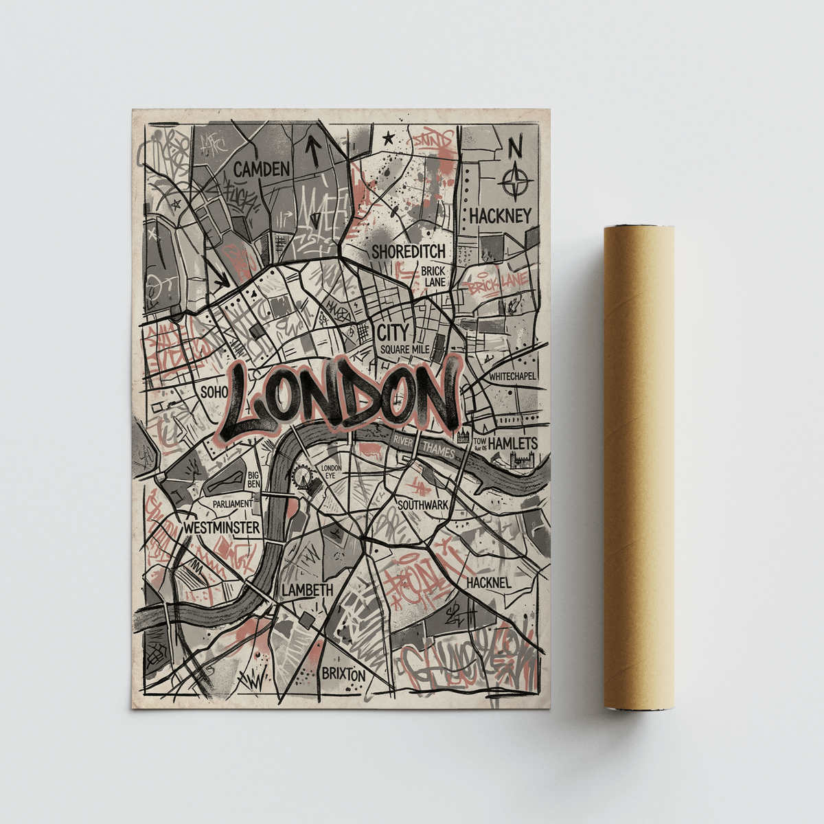 City-map wall art showing Westminster, Southwark, and the Thames with hand-drawn routes