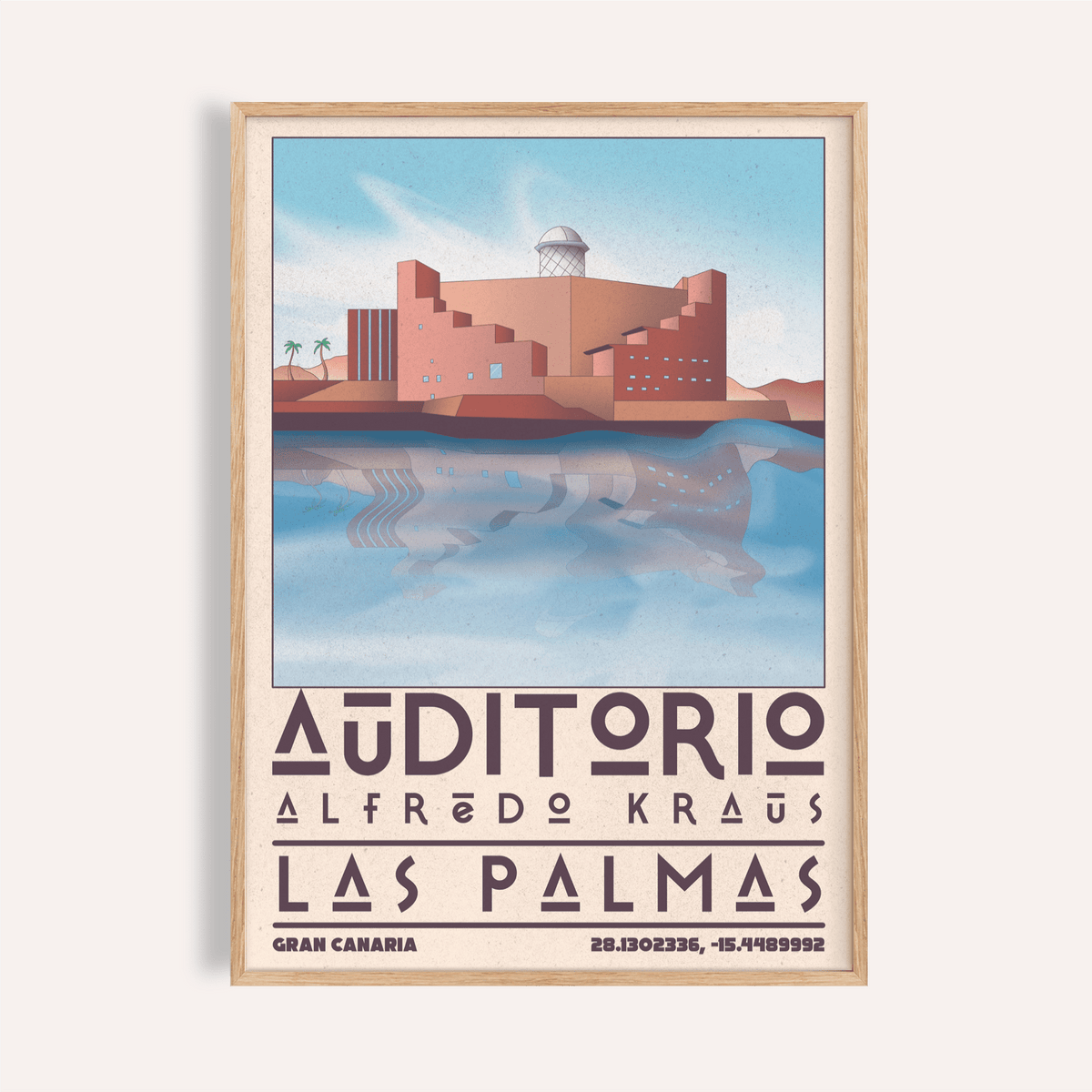 Art Las Palmas travel poster showing Auditorio Alfredo Kraus against blue sky