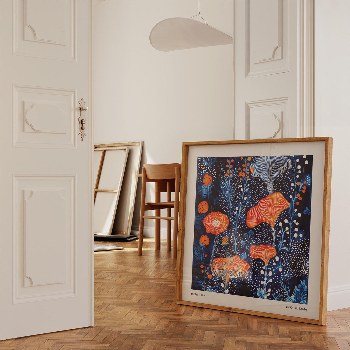 Abstract Flower Art inspired by Kusama, blending organic lines with dot patterns.