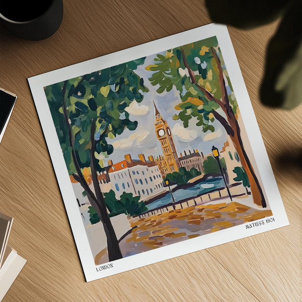 View of London in painterly style with autumn tones, found in Matisse Prints for Sale.