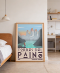 Full view of minimalist travel landscape poster featuring peaks, lake, and hiker