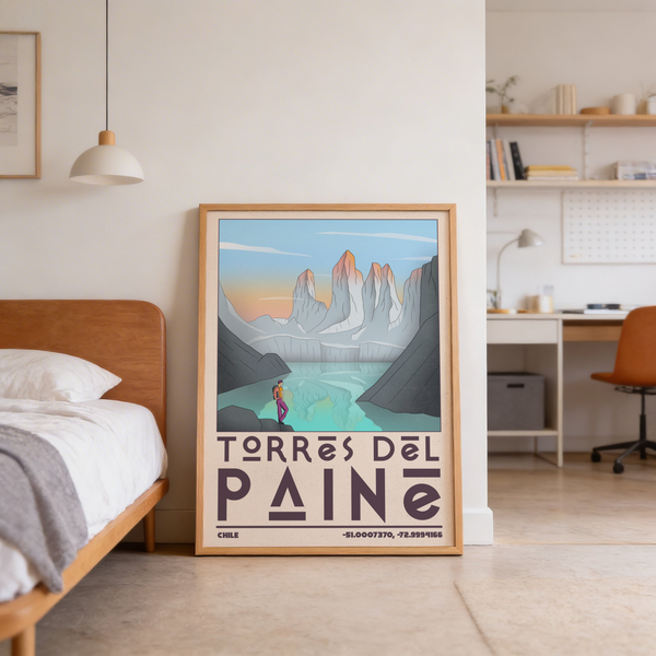 Full view of minimalist travel landscape poster featuring peaks, lake, and hiker