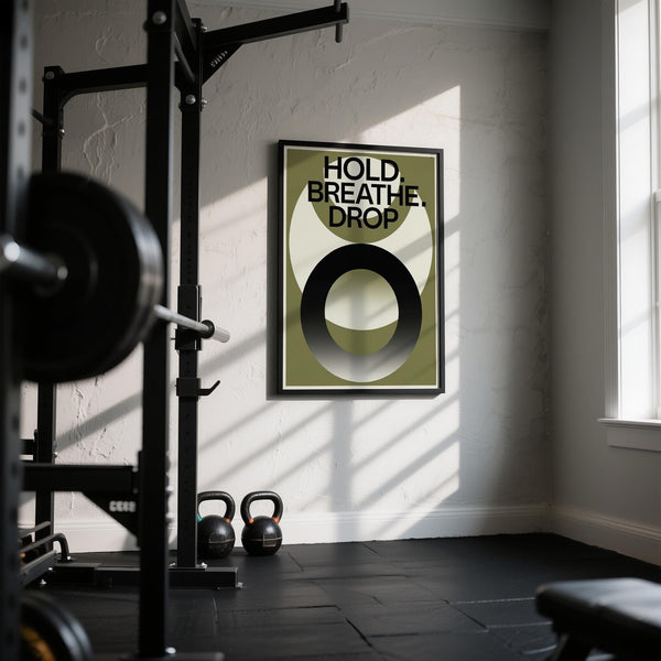 Modern home gym wall art for breathwork and lifting routines.