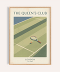 Vintage tennis court poster print with racket, ball, and THE QUEEN’S CLUB text