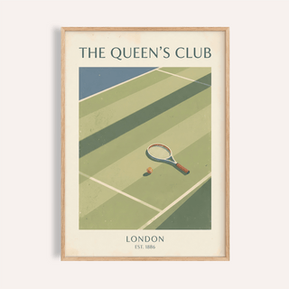 Vintage tennis court poster print with racket, ball, and THE QUEEN’S CLUB text