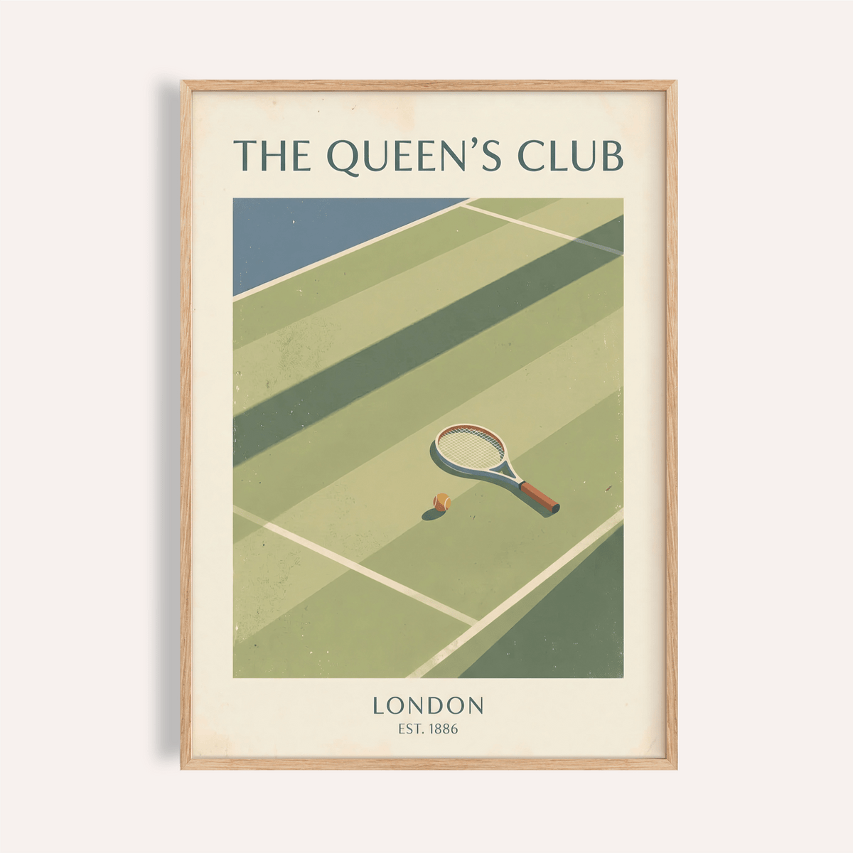 Vintage tennis court poster print with racket, ball, and THE QUEEN’S CLUB text