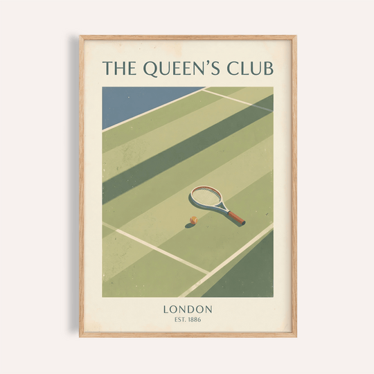 Vintage tennis court poster print with racket, ball, and THE QUEEN’S CLUB text