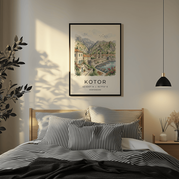 Hand-drawn harbor scene of Kotor Montenegro featuring boats, terracotta roofs, and rising church spire