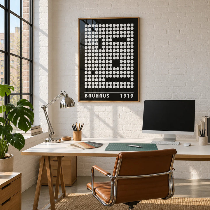 Digital Wall Art, framed on the wall of a graphic designer's studio with white painted brick walls and big black factory windows in a home office