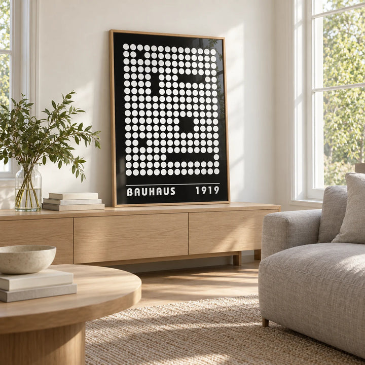 Digital Wall Art, framed on the wall of a light living room with big windows