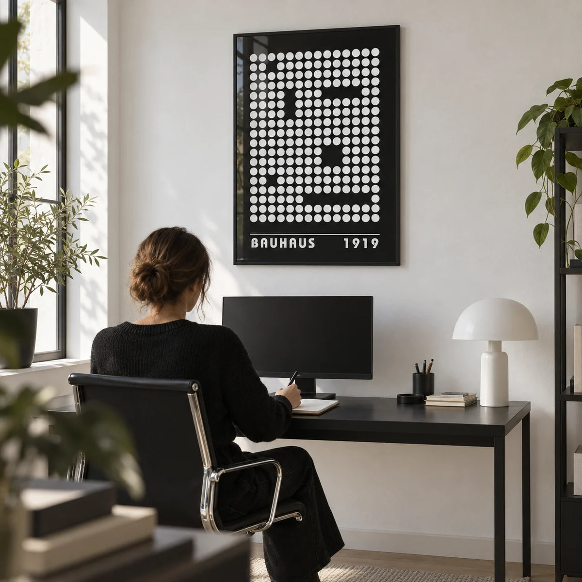 Digital Wall Art, framed on the wall of a minimal home office with a white wall