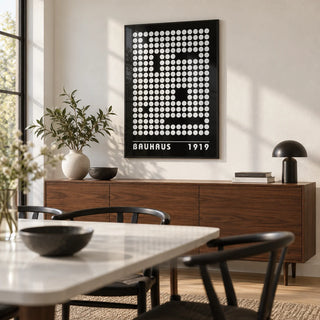 Digital Wall Art, framed on the wall of a modern dining room with a white wall