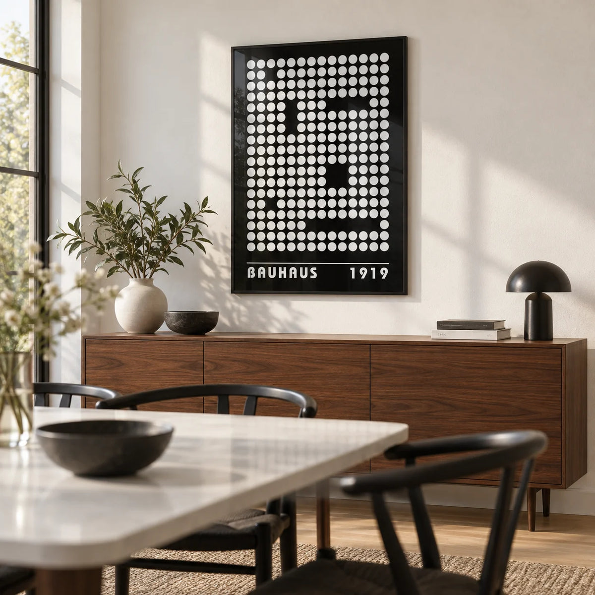 Digital Wall Art, framed on the wall of a modern dining room with a white wall