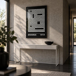 Digital Wall Art, framed on the wall of a modern hallway with a concrete wall and a black floor
