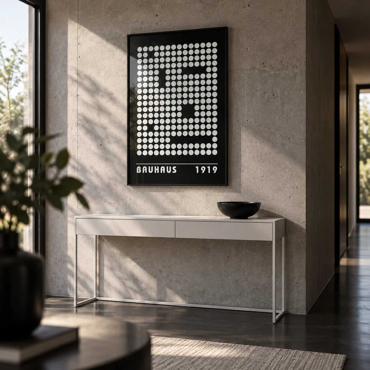 Digital Wall Art, framed on the wall of a modern hallway with a concrete wall and a black floor