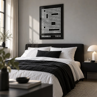 Digital Wall Art, framed on the wall of a monochrome bedroom with a soft grey wall