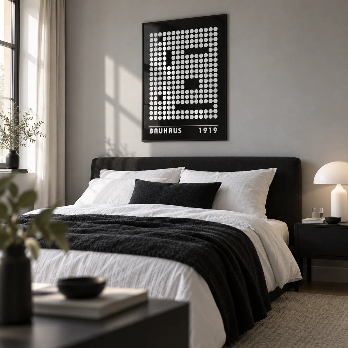 Digital Wall Art, framed on the wall of a monochrome bedroom with a soft grey wall