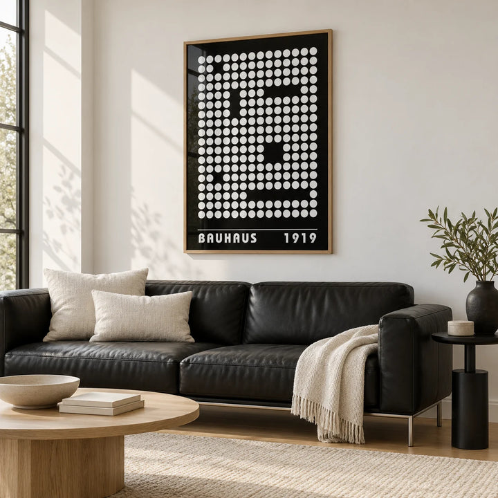 Digital Wall Art, framed on the wall of a monochrome living room with white walls and a pale oak floor