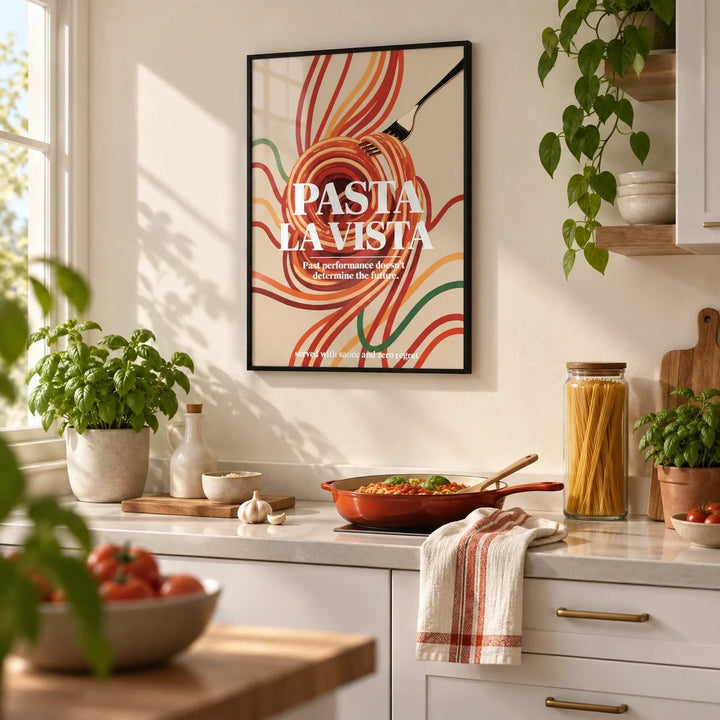 Dining Room Prints, framed on the wall of a crisp modern kitchen with white cabinets and a cream wall
