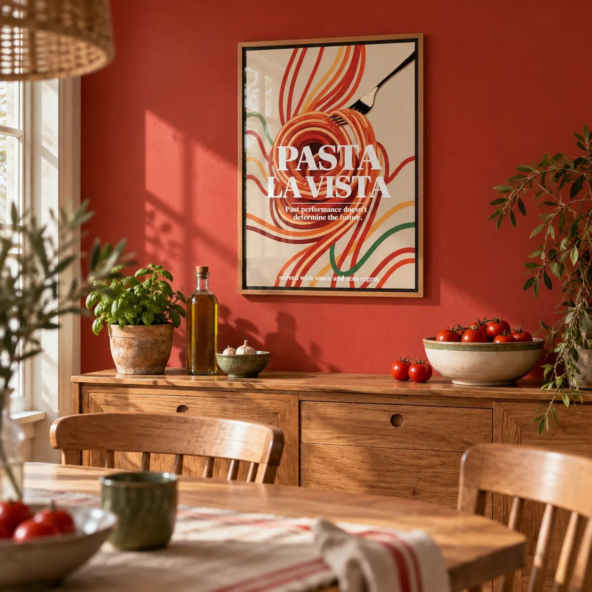 Dining Room Prints, framed on the wall of a kitchen-diner with a tomato red painted wall