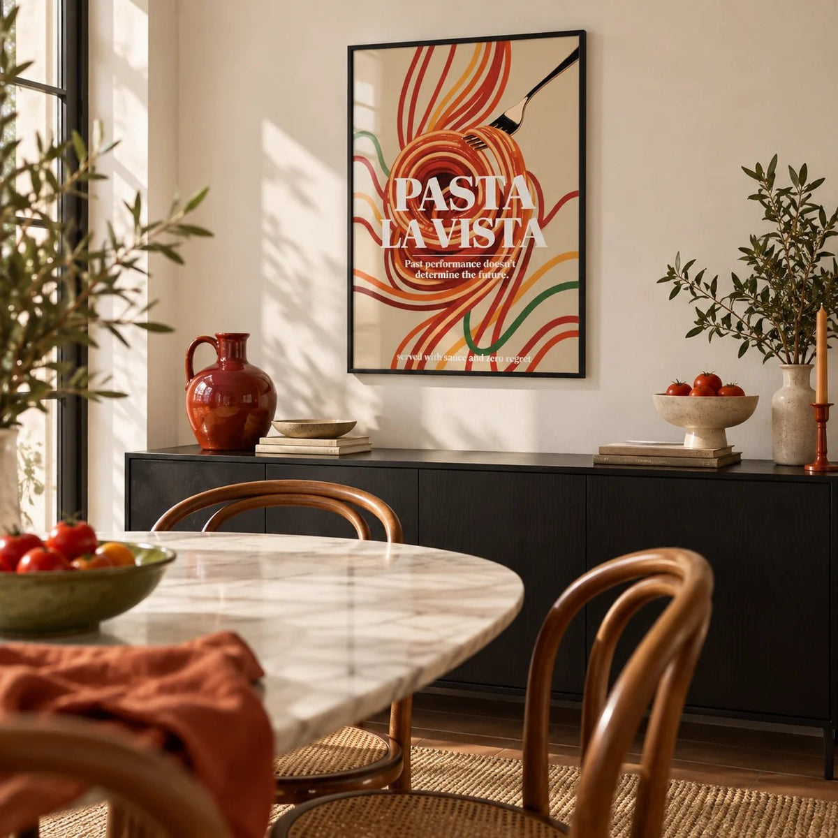 Dining Room Prints, framed on the wall of a modern Italian-style dining room with a warm white wall