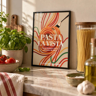 Dining Room Prints, a small A4 framed print leaning on a worktop in a kitchen