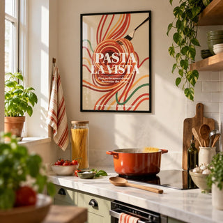 Dining Room Prints, framed on the wall of a small galley kitchen in a first flat (24-30)