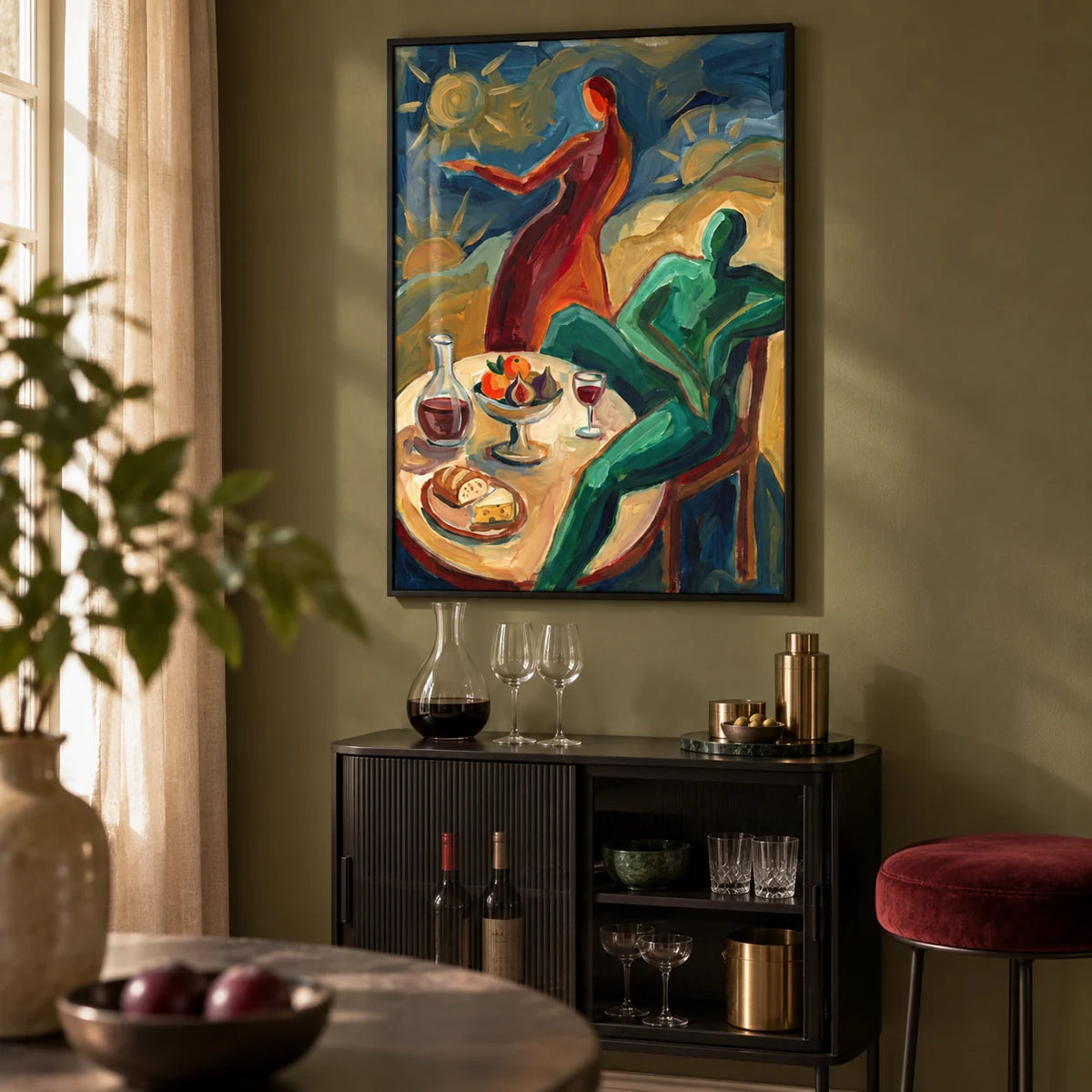 Dining Scene Wall Art, framed on the wall of a compact home bar corner in a design-conscious UK maisonette with a muted olive wall in a living room