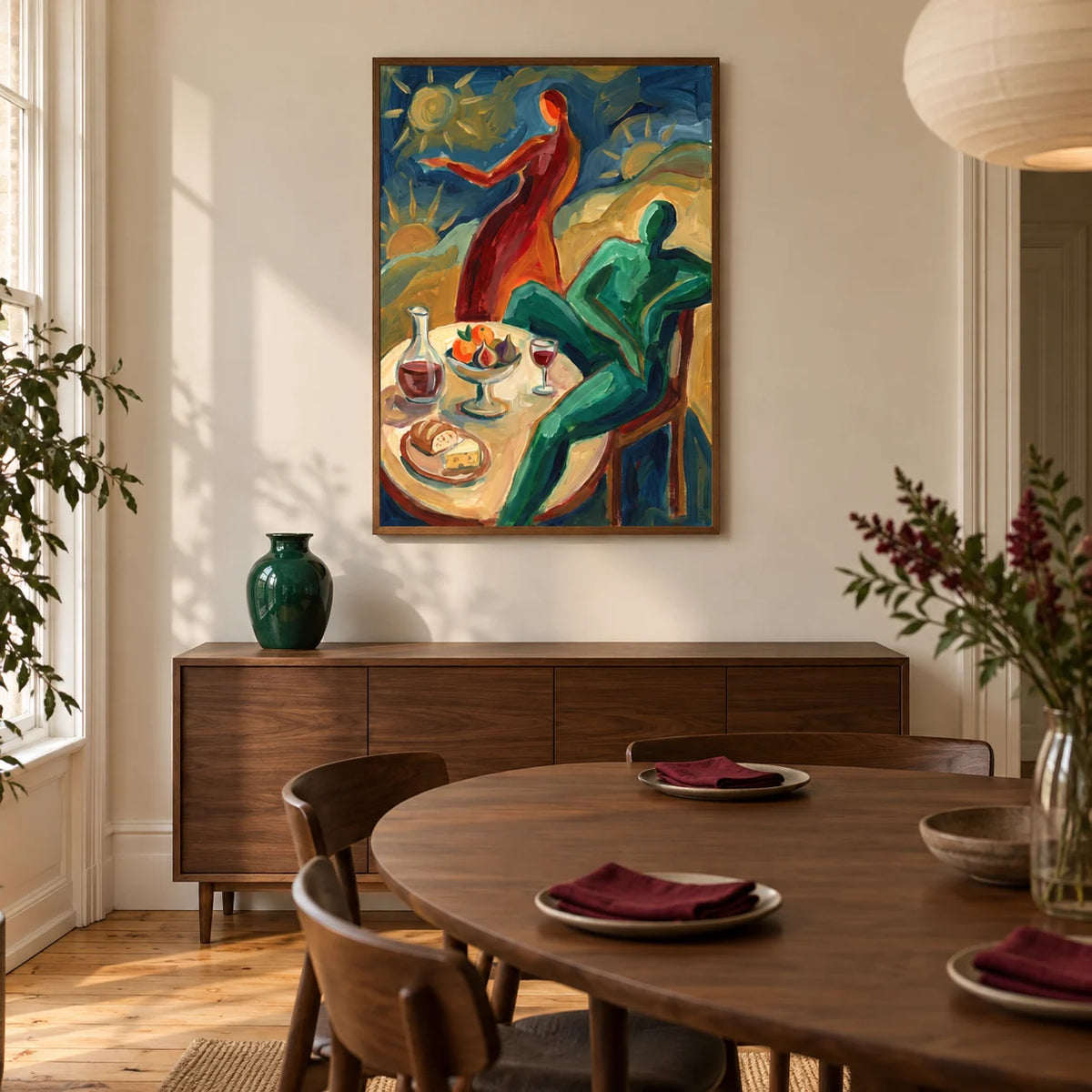 Dining Scene Wall Art, framed on the wall of a contemporary dining room in a UK Victorian terrace with warm cream plaster walls and wooden floorboards